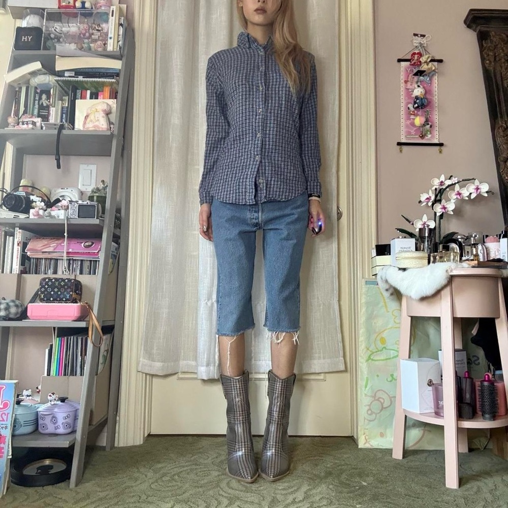 Brandy Melville Navy Blue/White Plaid Button Up Shirt